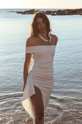 Cha Cha Off Shoulder Thigh Split Maxi Dress Off White