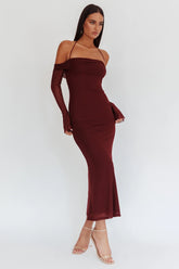 Numbers Game Off-Shoulder Halter Maxi Dress Chocolate
