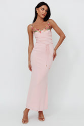 Rose Garden Floral Applique Laced Midi Dress Baby Pink