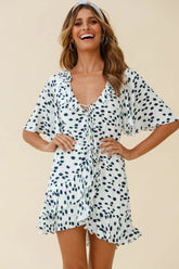 Keziah Angel Sleeve Ruffle Trim Dress Spotty Print White