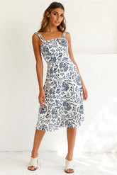 Magdalene Frill Strap A-Line Midi Dress Floral Print White