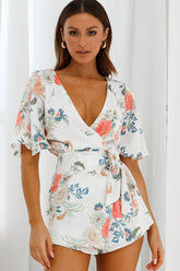 Nadi V-Neckline Wrap Romper Floral Print White