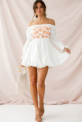 Kayla Off-Shoulder Daisy Embroidered Dress White