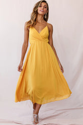 Artemis Accordion Pleat Strappy Back Midi Dress Mustard