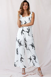 Azure Frill Strap Wide Leg Jumpsuit Floral Print White