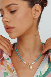 Monaco Pearl Turquoise Bead Necklace Gold
