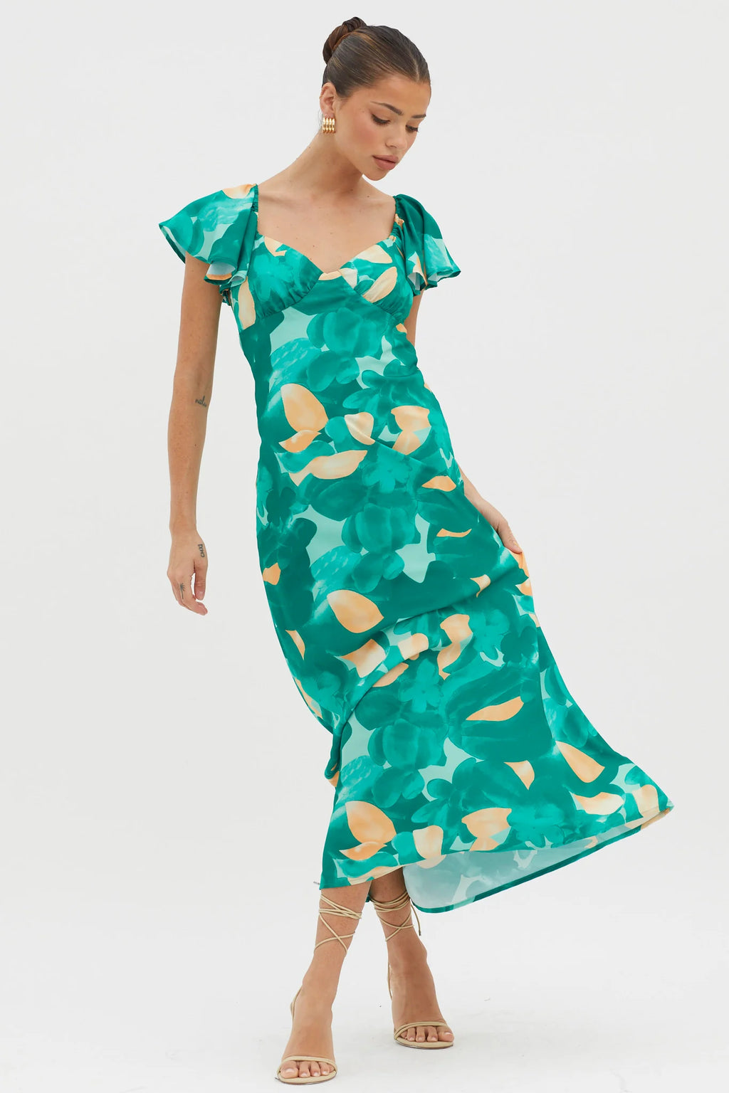 Park Avenue Flutter Sleeve Mini Dress Abstract Green