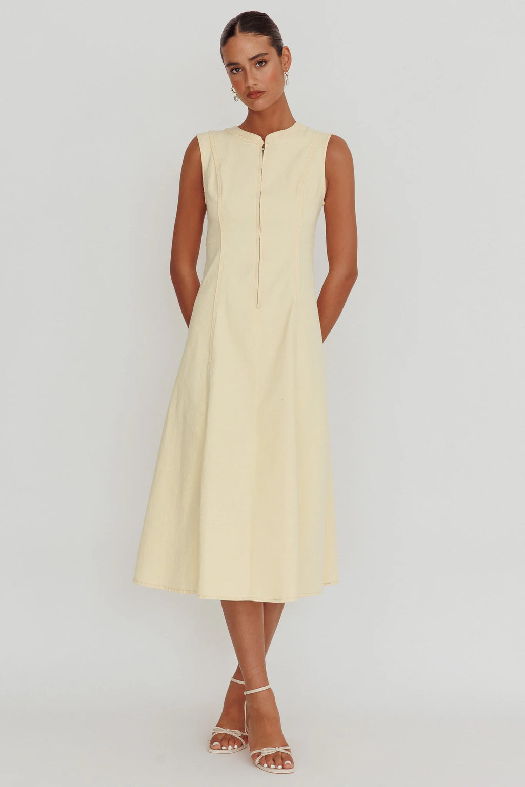 Passionate Flame Sleeveless A-line Midi Dress Beige