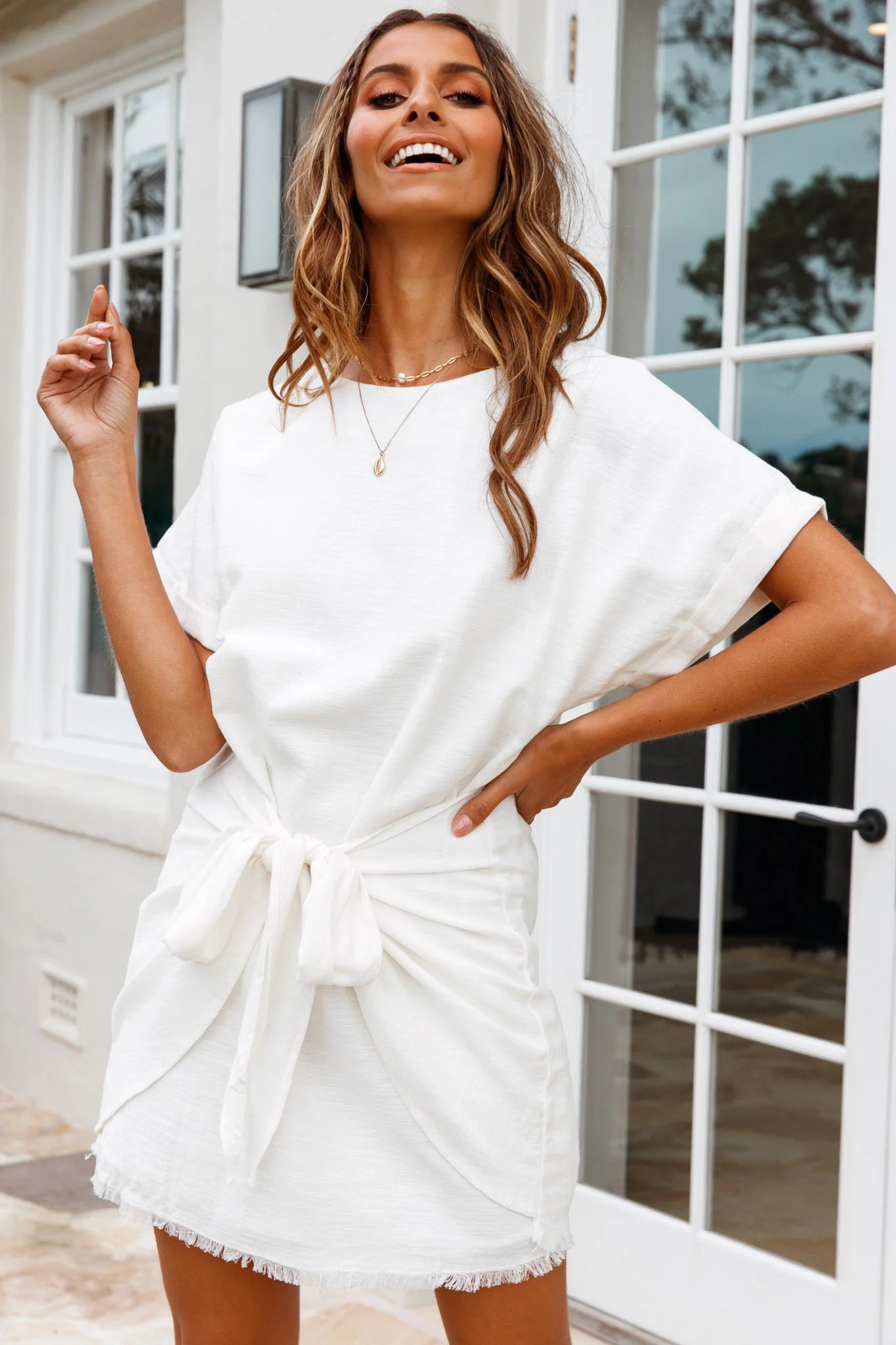 Marci Loose Fit Tie Feature Shirt Dress White