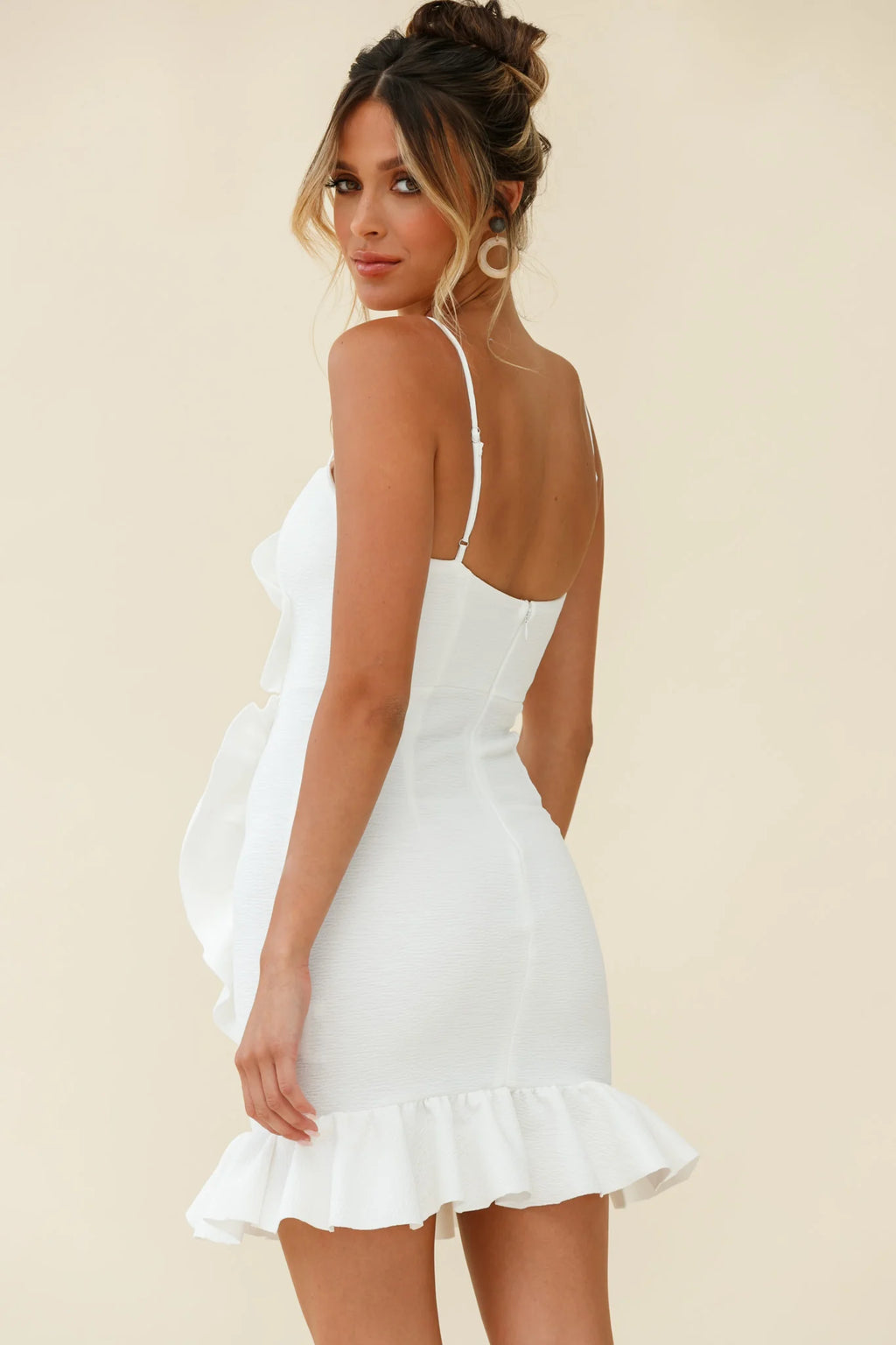 Juanita Half Moon Ruffle Detail Bodycon Dress White
