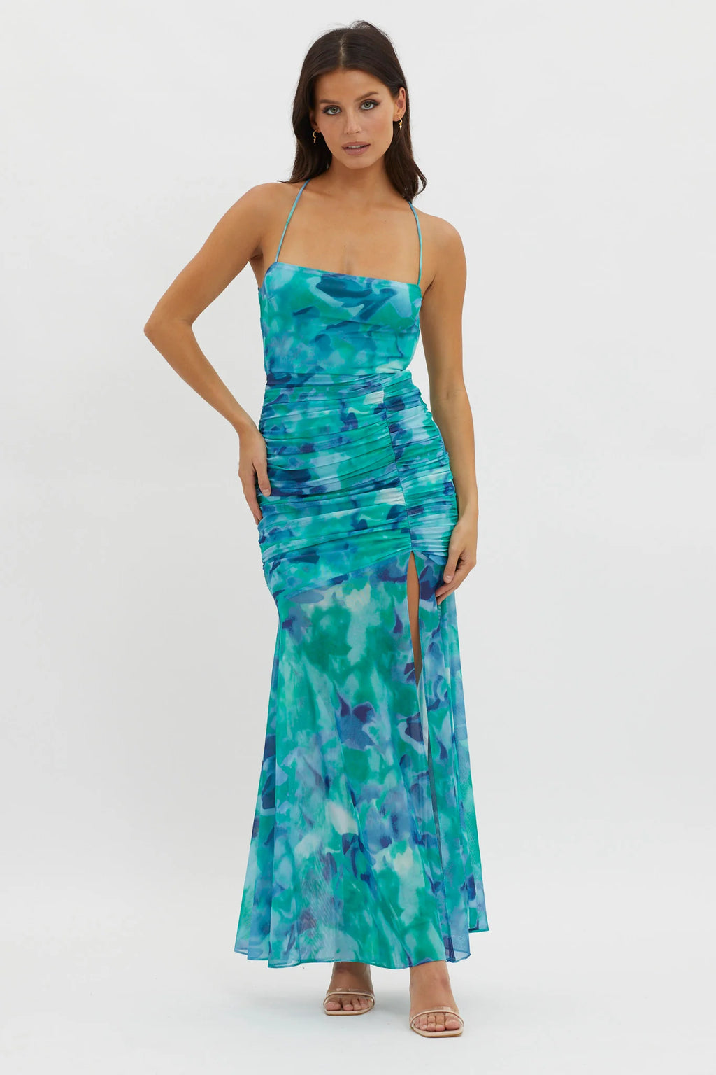Apryl Ruched Lace-Up Back Dress Green