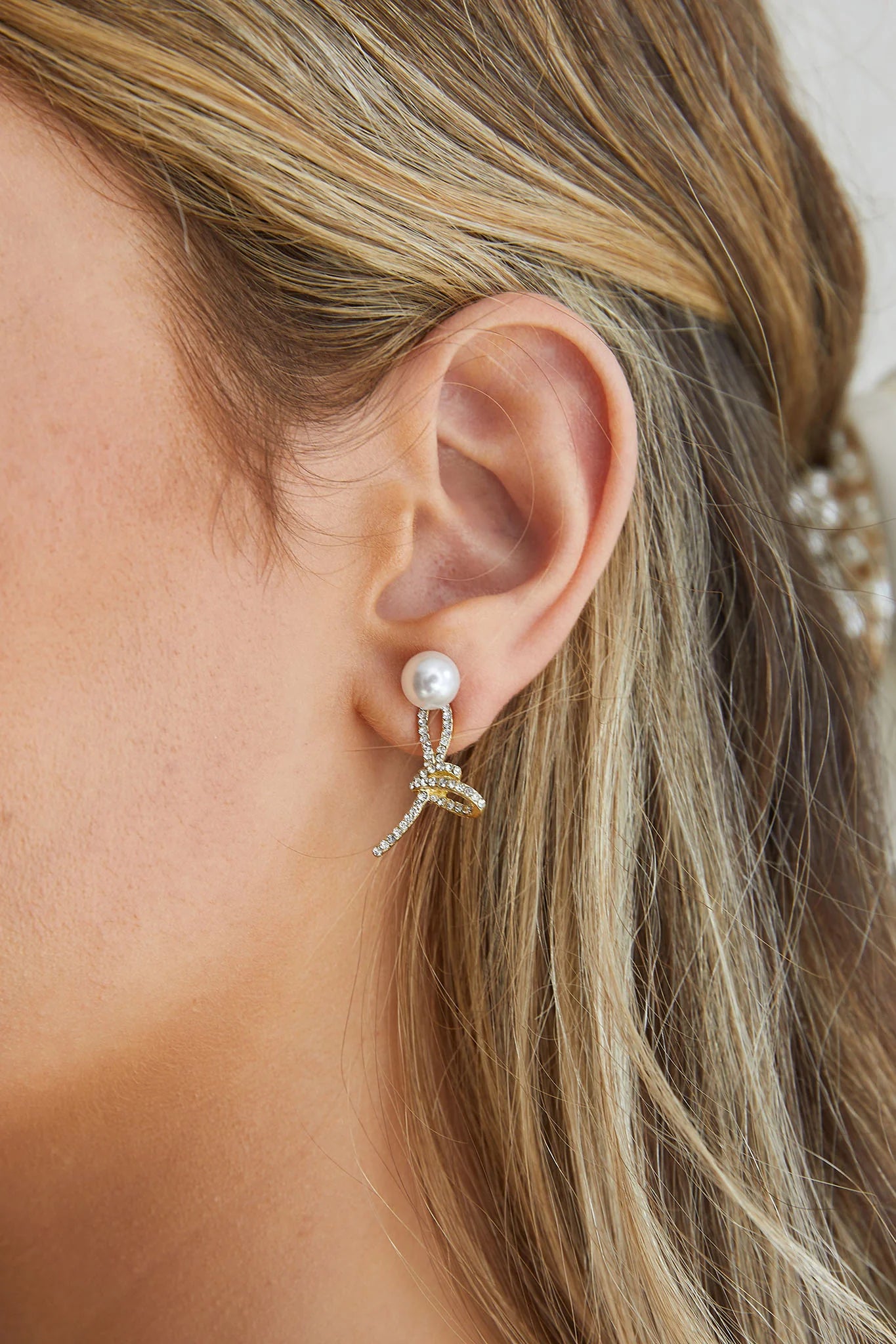 Carrie Crystal Knot Pearl Earrings Gold