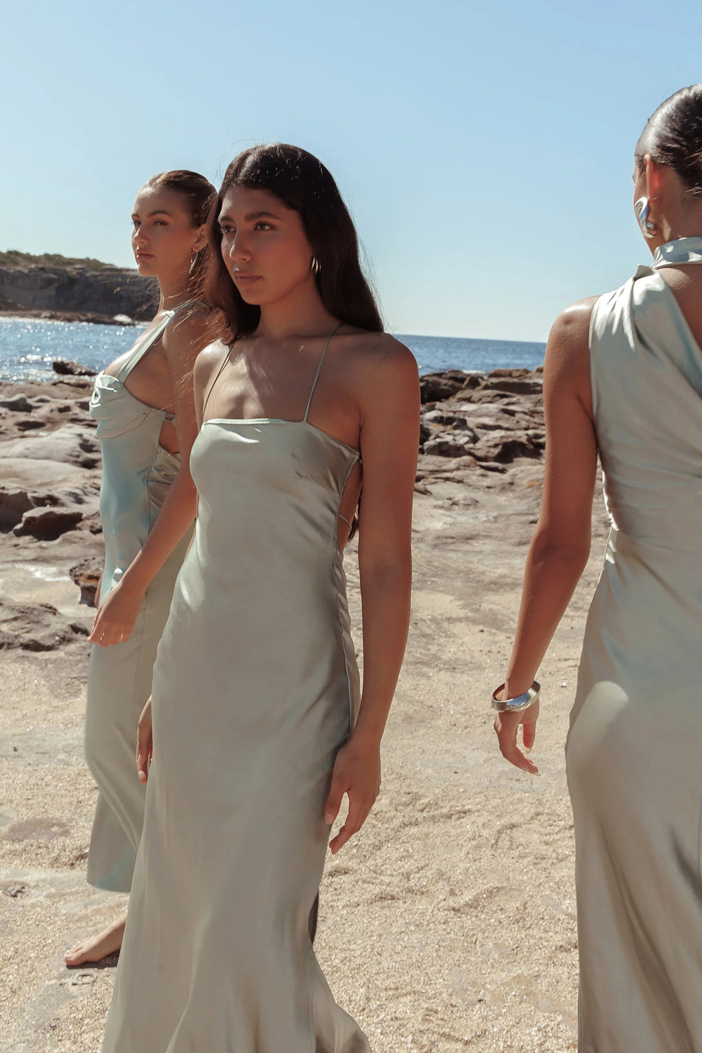 Dolce Life Backless Satin Maxi Dress Sage