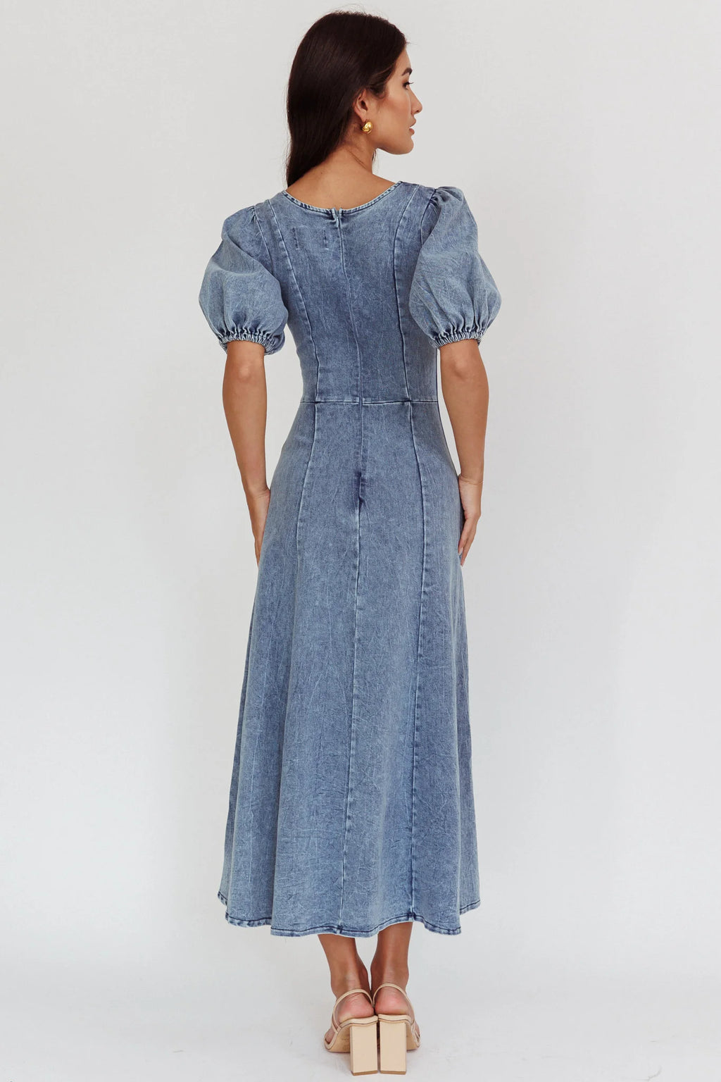 Morgane Puff Sleeve V-Neck Midi Dress Light Denim Blue