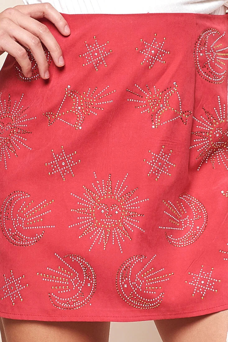 Mari Astrology Embellishment Mini Skirt Red