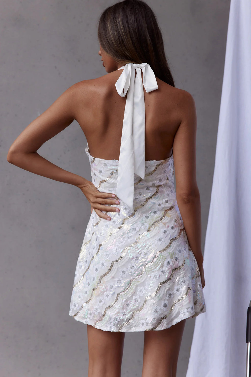 Champagne Showers Halterneck Slip Mini Dress Sequin Flower White