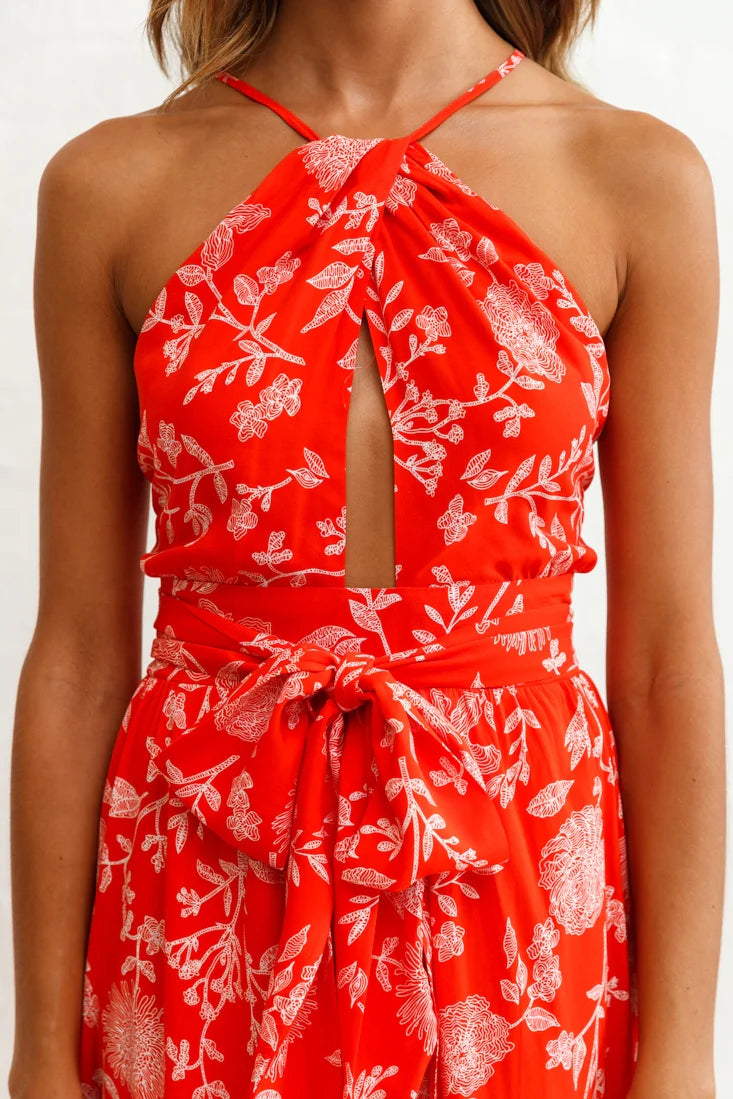 Athena High Split Maxi Dress Floral Print Red