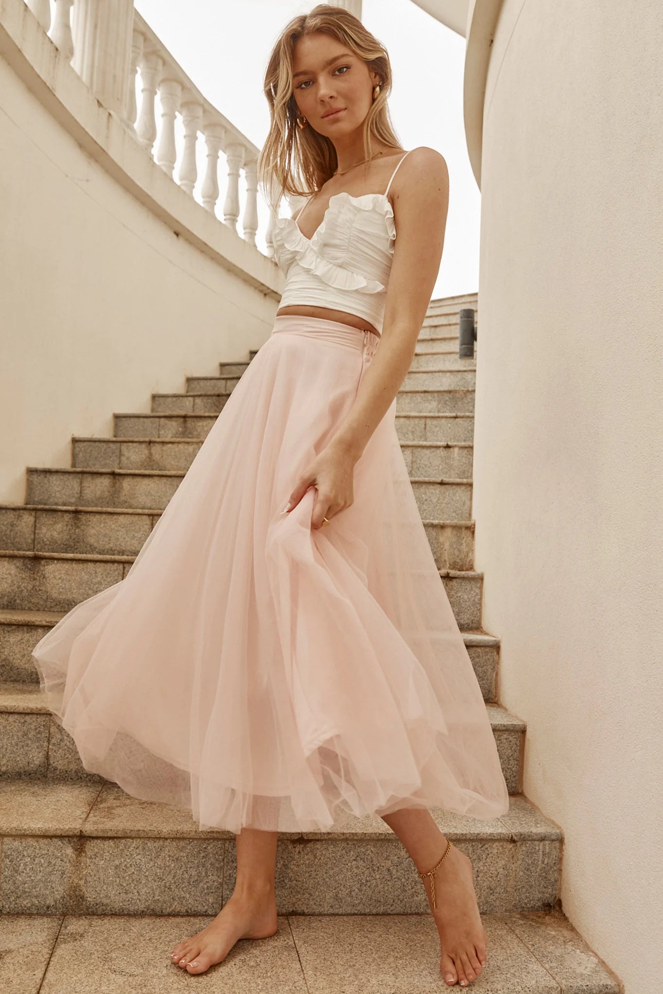 Jasmine Organza Mesh Elasticated Waist Midi Skirt Baby Pink