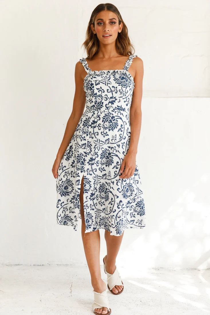 Magdalene Frill Strap A-Line Midi Dress Floral Print White