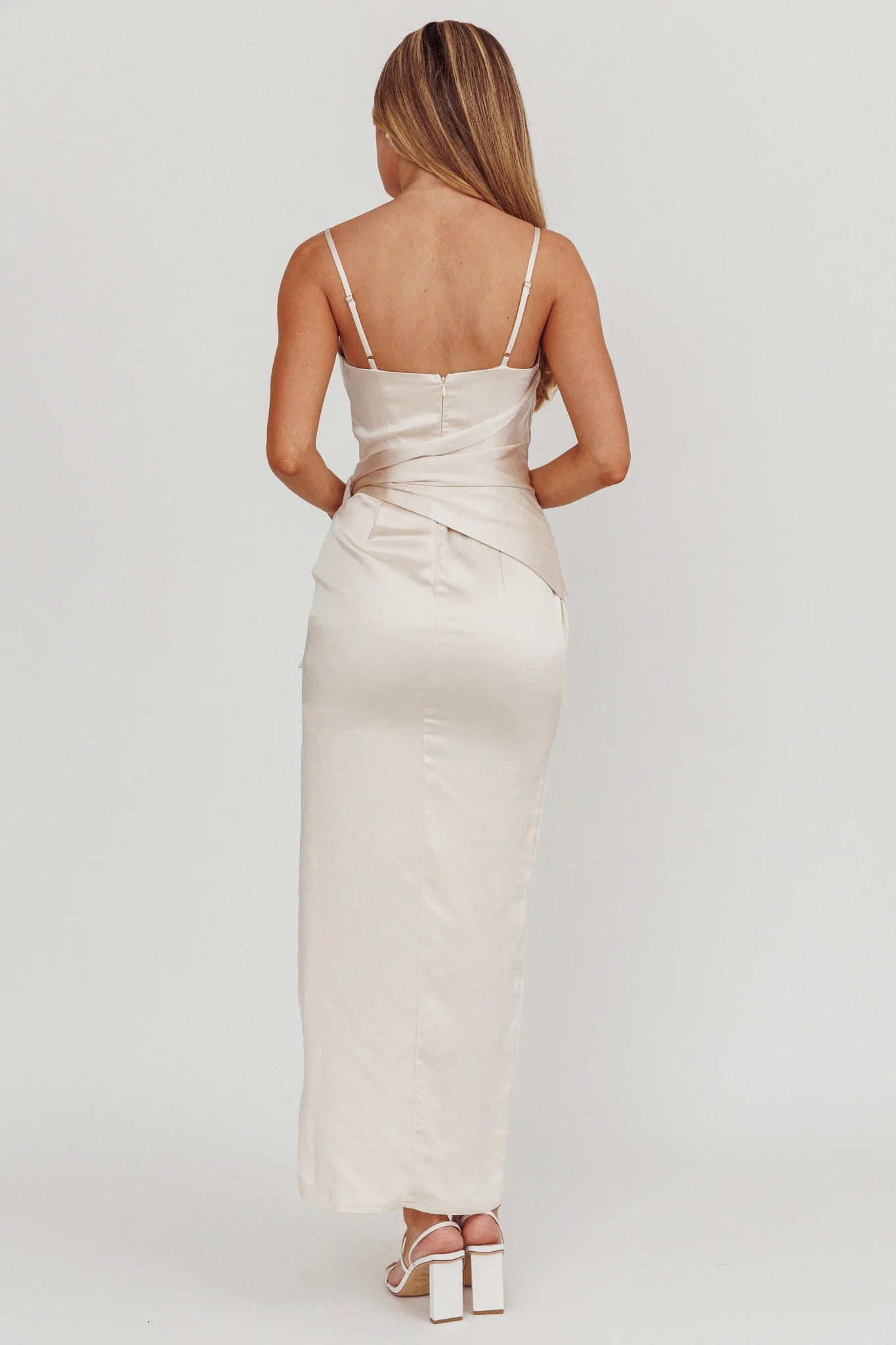 Celestine Waist Tie Satin Maxi Dress Light Champagne