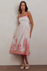 Asami Floral Print Ric Rac Trim Midi Dress Blush