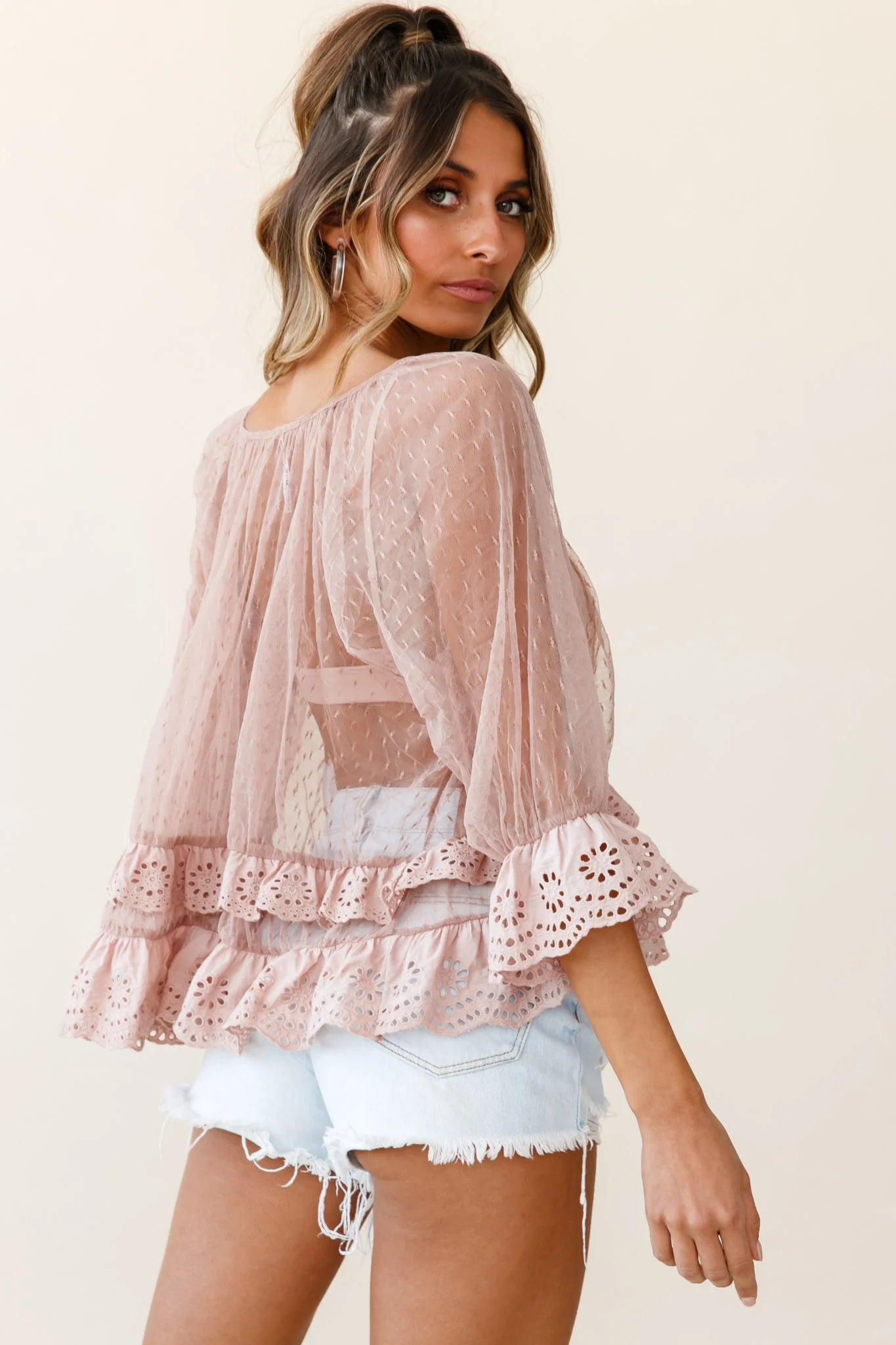Kiana Adjustable Neckline Tie Hail Spot Mesh Top Mocha