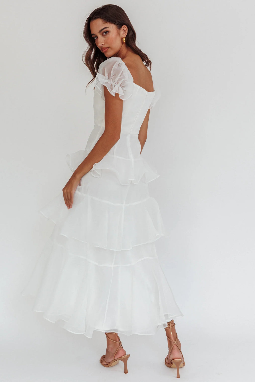 Delwynn Puff Sleeve Layered Midi Dress White