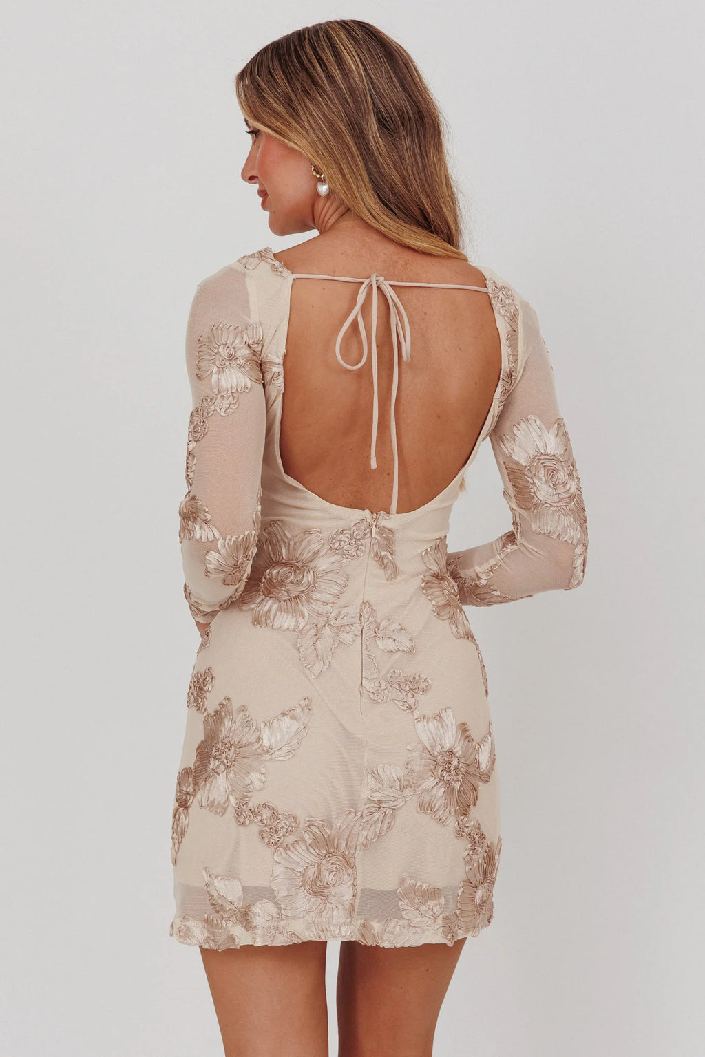 Karma Long Sleeve Scoop Back Dress Embellished Gold