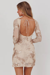 Karma Long Sleeve Scoop Back Dress Embellished Gold