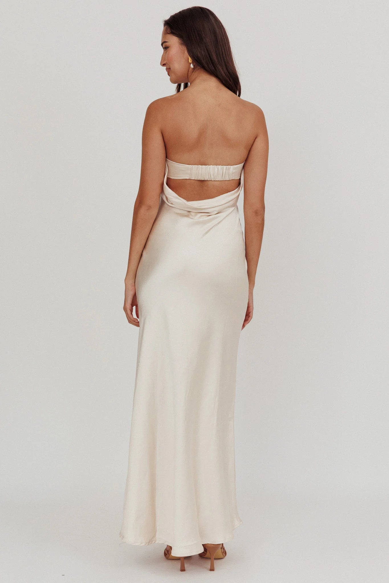 Kona Strapless Pleated Bust Satin Maxi Dress Champagne
