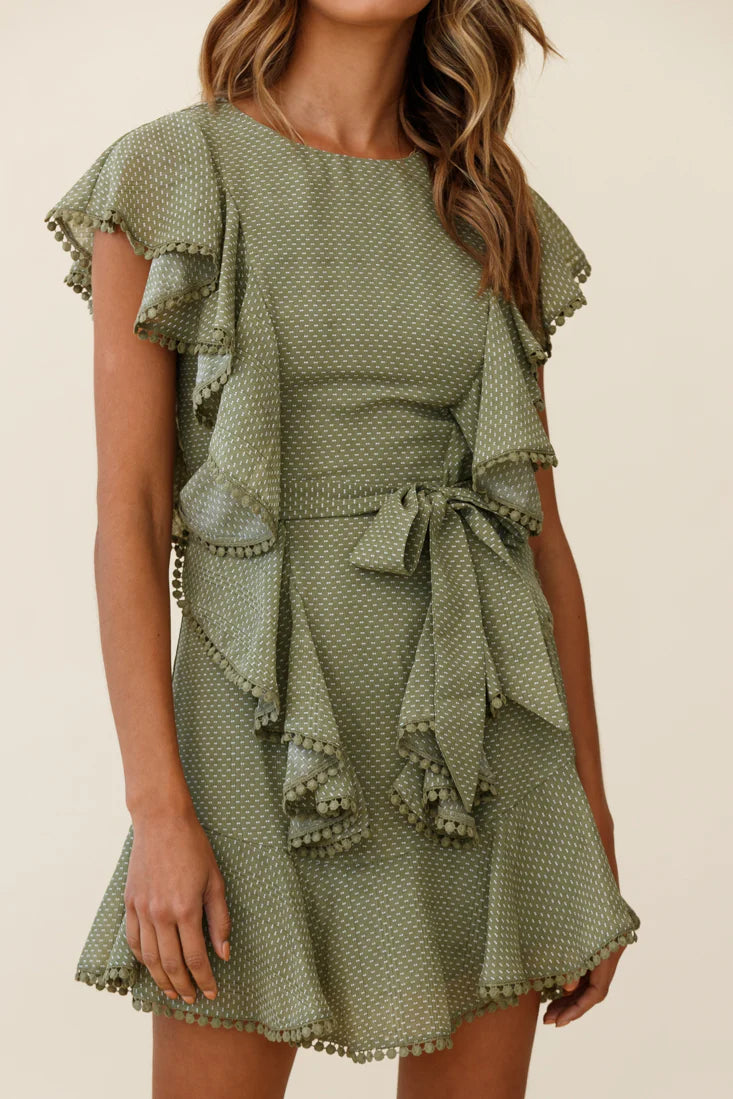 Deandra Ruffle Insert Waist Tie Dress Dash Pattern Olive