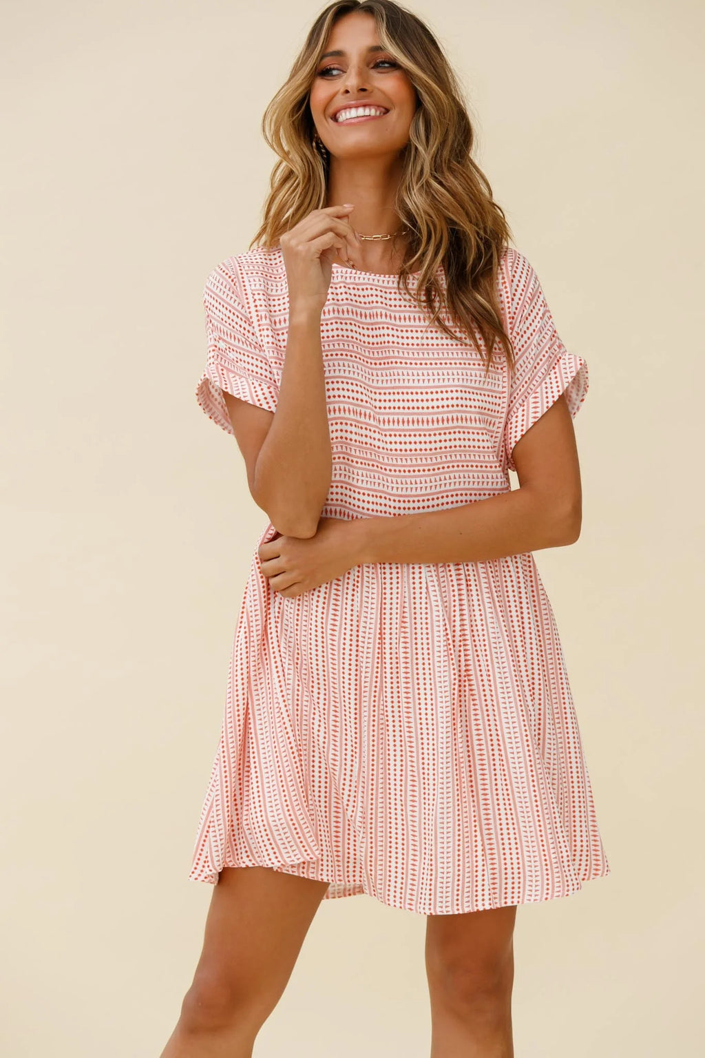 Susie Rolled Sleeve Crew Neck Swing Dress Stripe Pattern Red