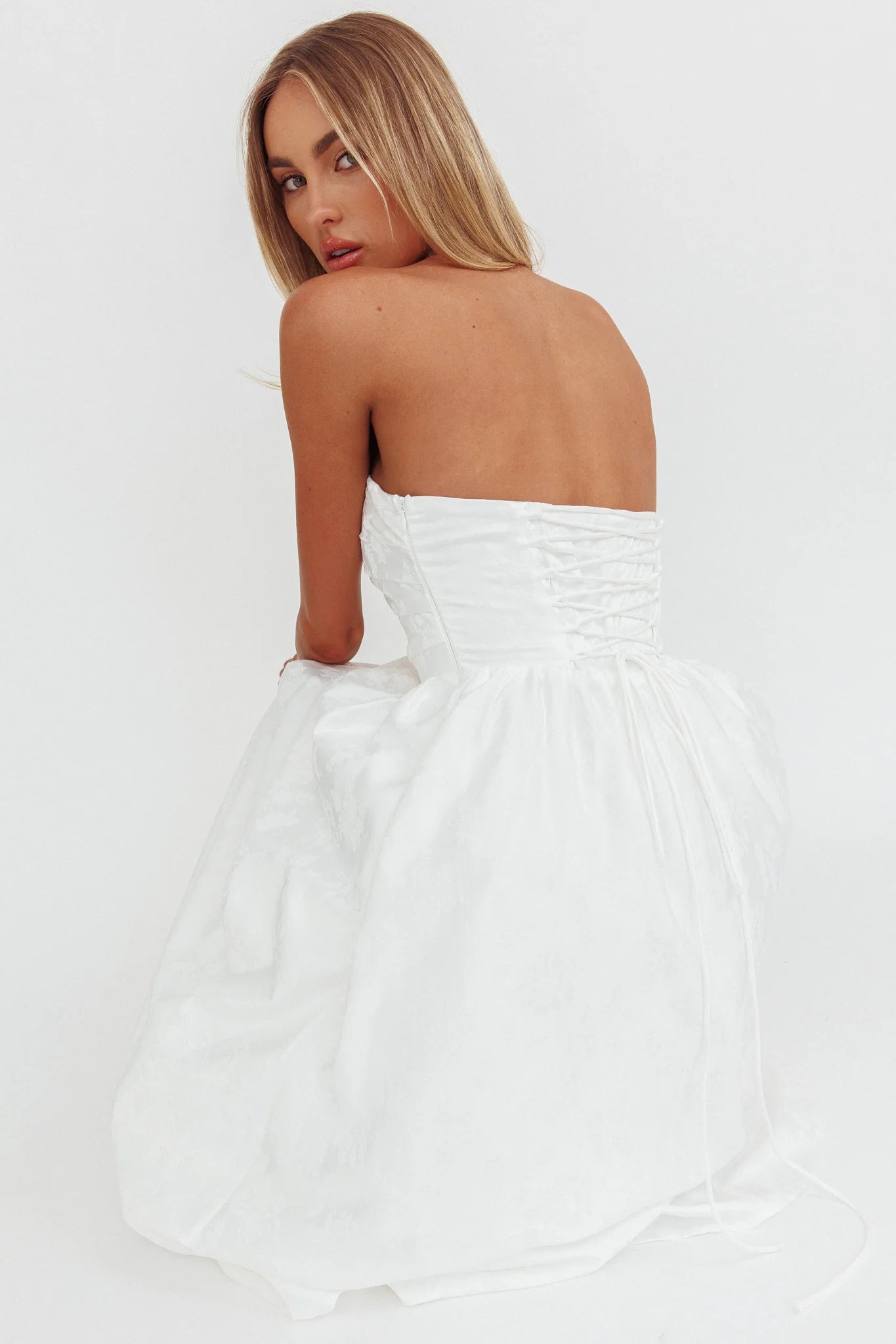 Anushka Strapless Empire Maxi Dress Jacquard White