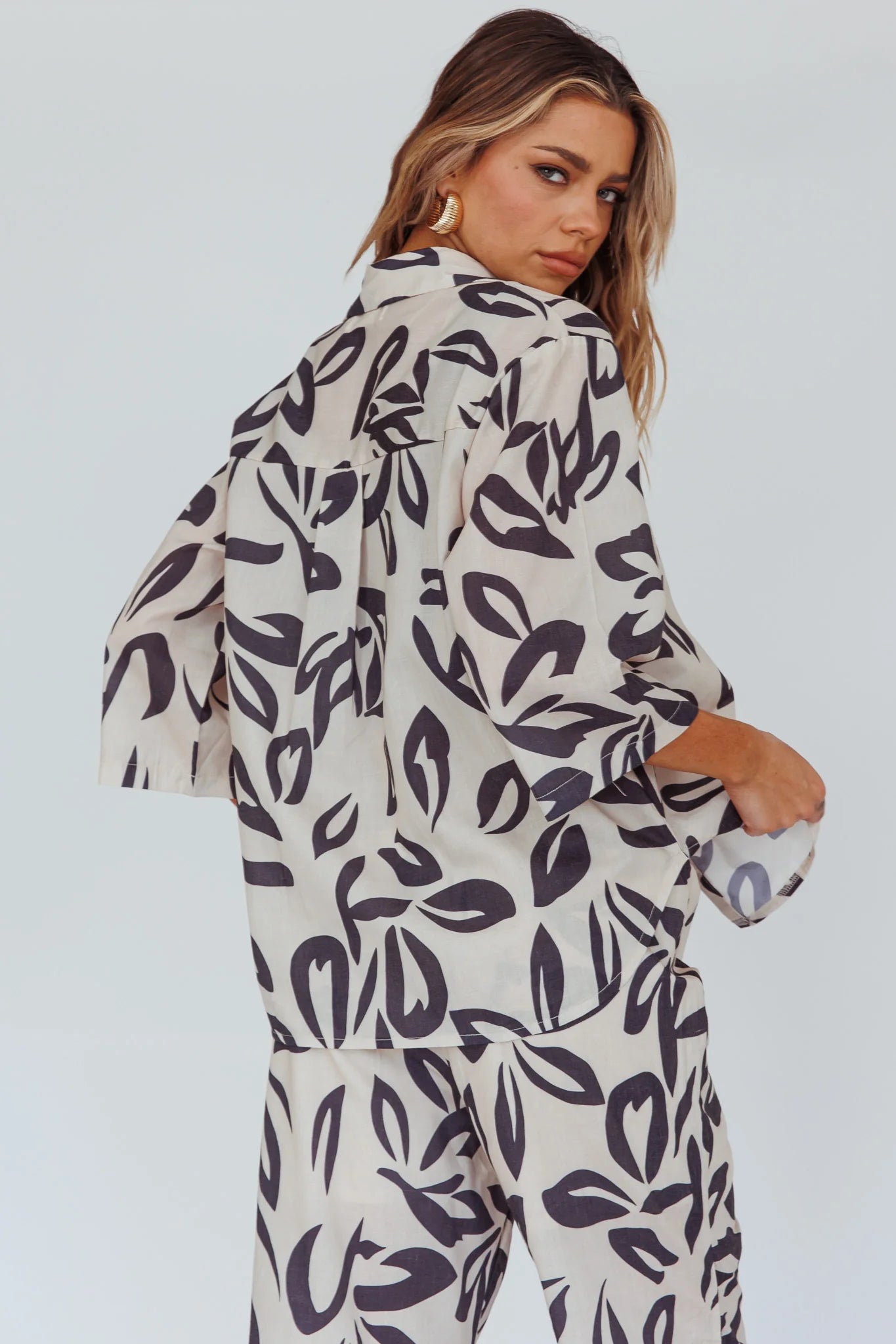 Just A Hunch Button Shirt Leaf Print Beige