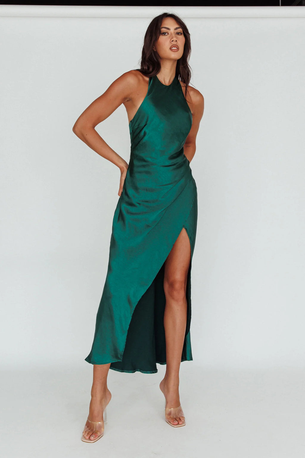Sonoma Halterneck Faux Wrap Twist Back Maxi Dress Forest Green