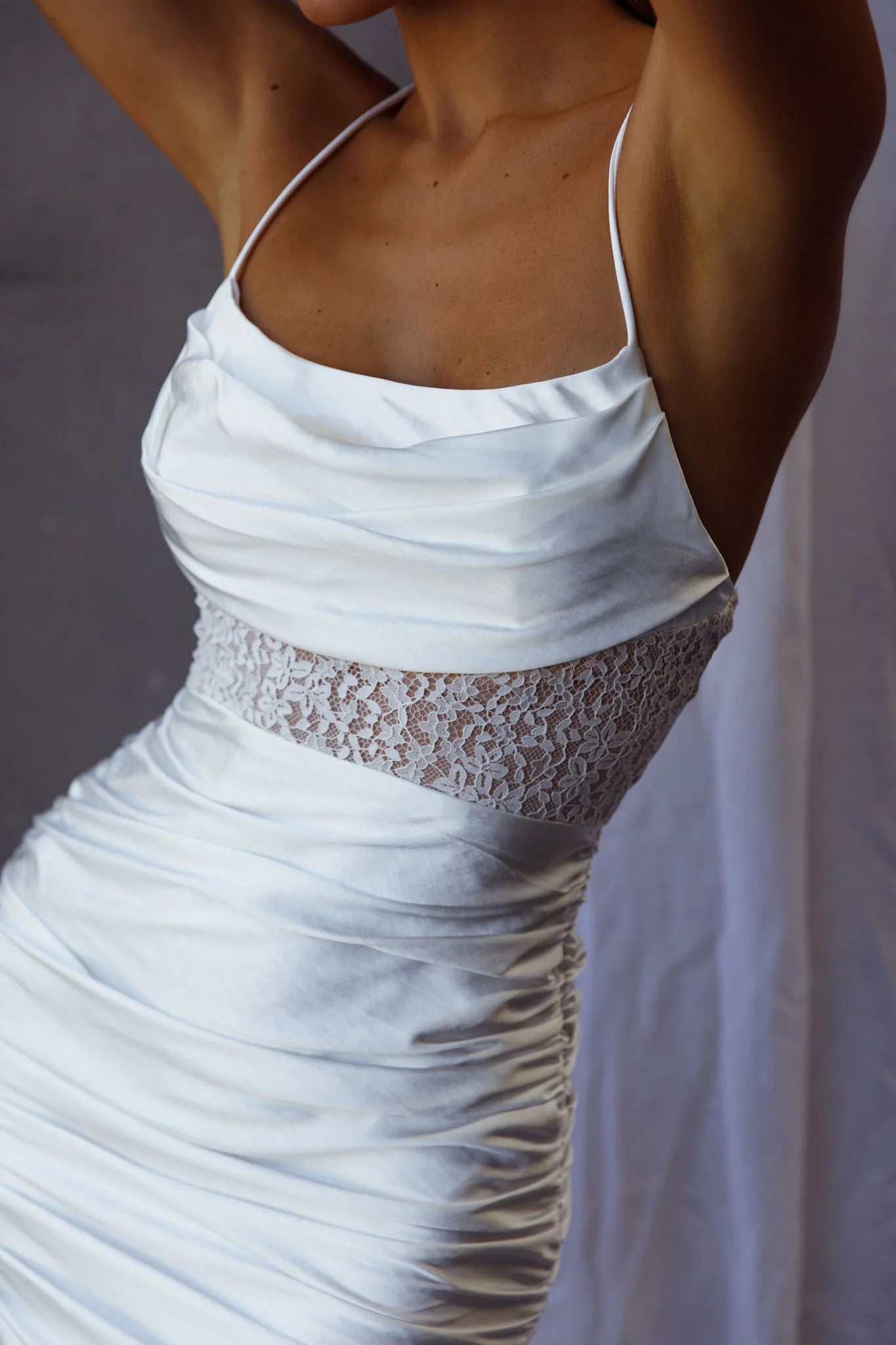 Golden Era Cowl Neck Lace Waist Ruched Mini Dress White
