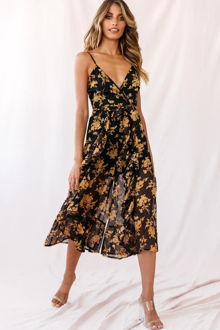 Constance Thin Strap Midi Jumpsuit Black/Orange Flower