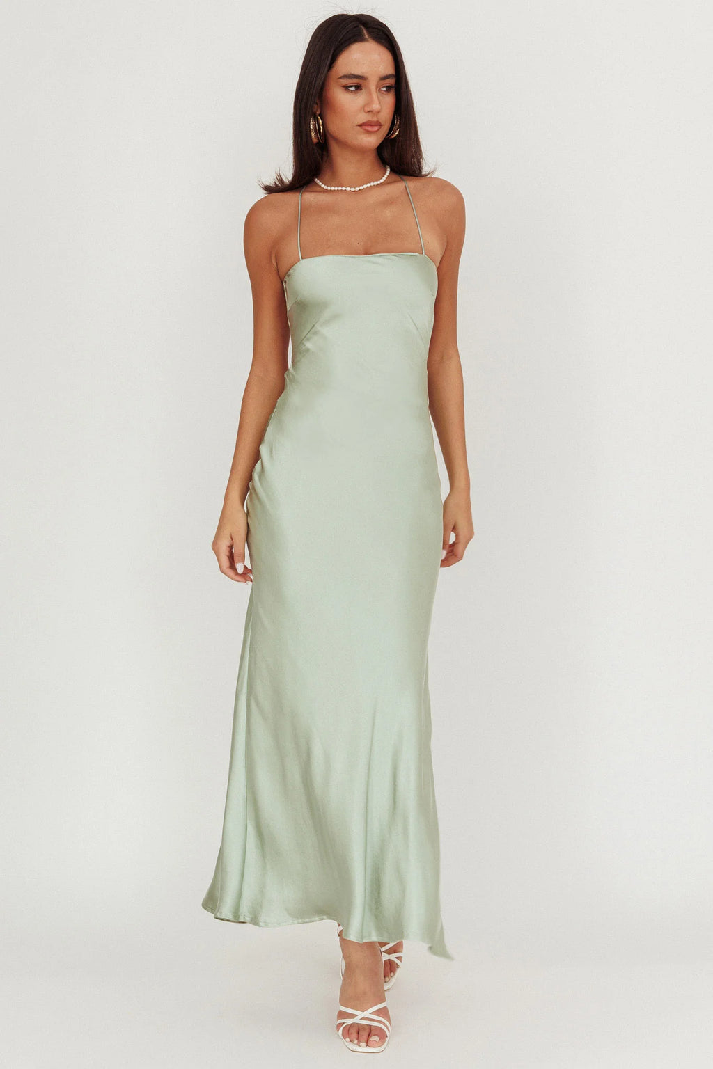 Dolce Life Backless Satin Maxi Dress Sage