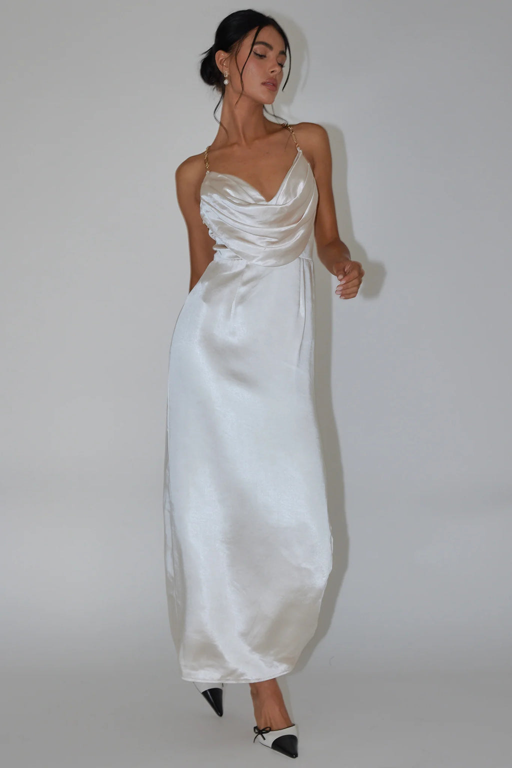 Emanuella Chain Strap Satin Midi Dress Champagne