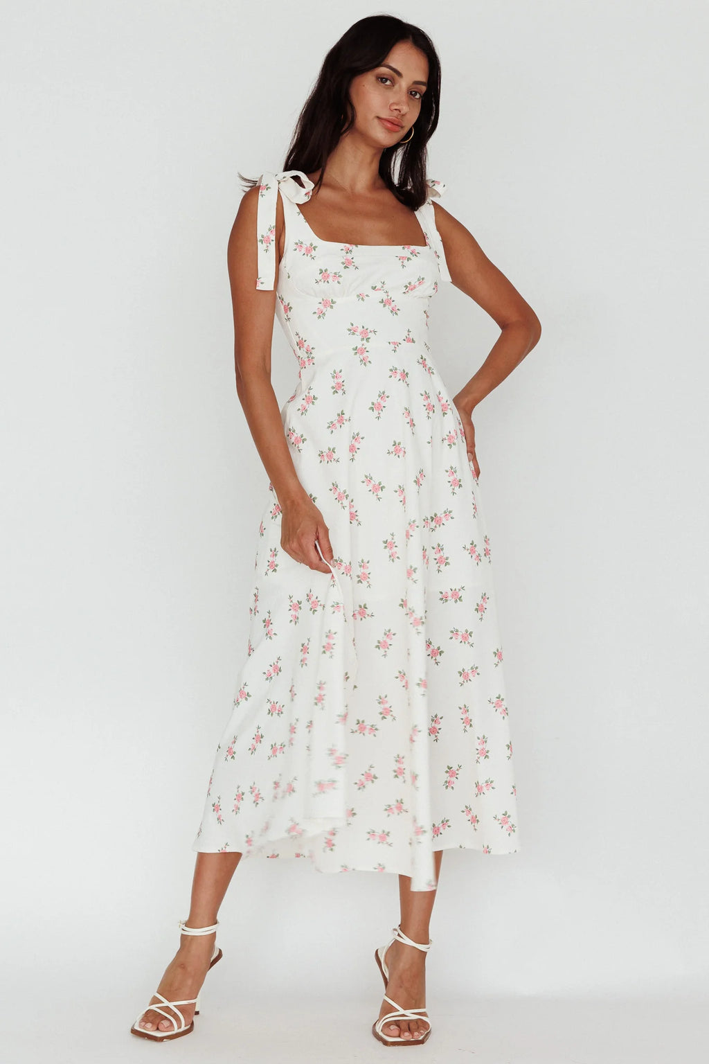 Mathilda Tied Shoulder Midi Dress Pink Floral