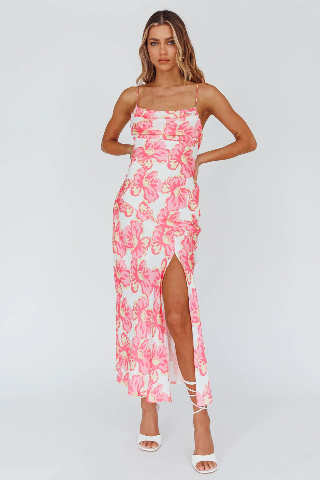 Well Versed Pleated Bust Front Split Dress Flowers Pink