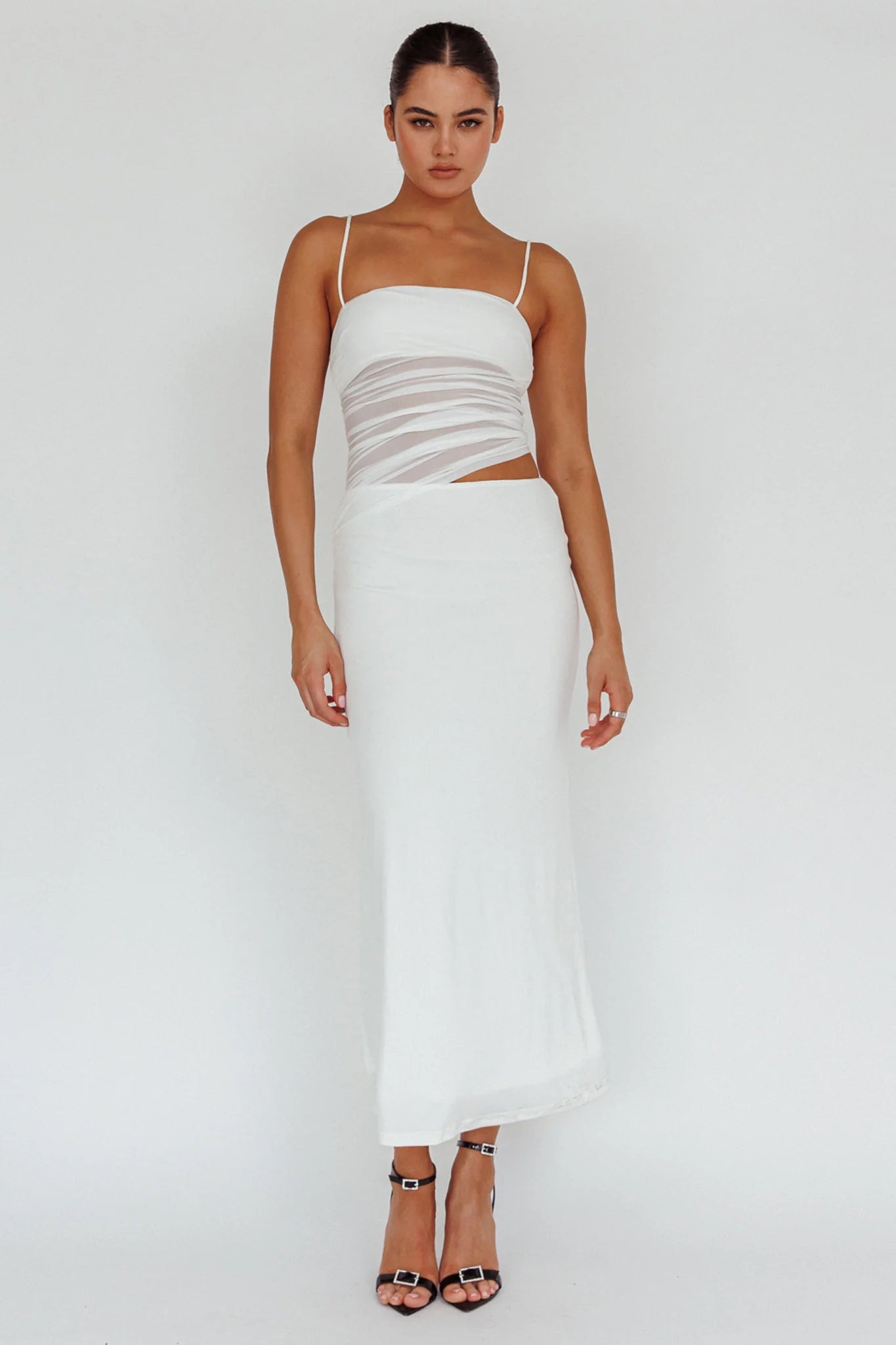 Lorely Ruched Bodice Midi Dress Vanilla