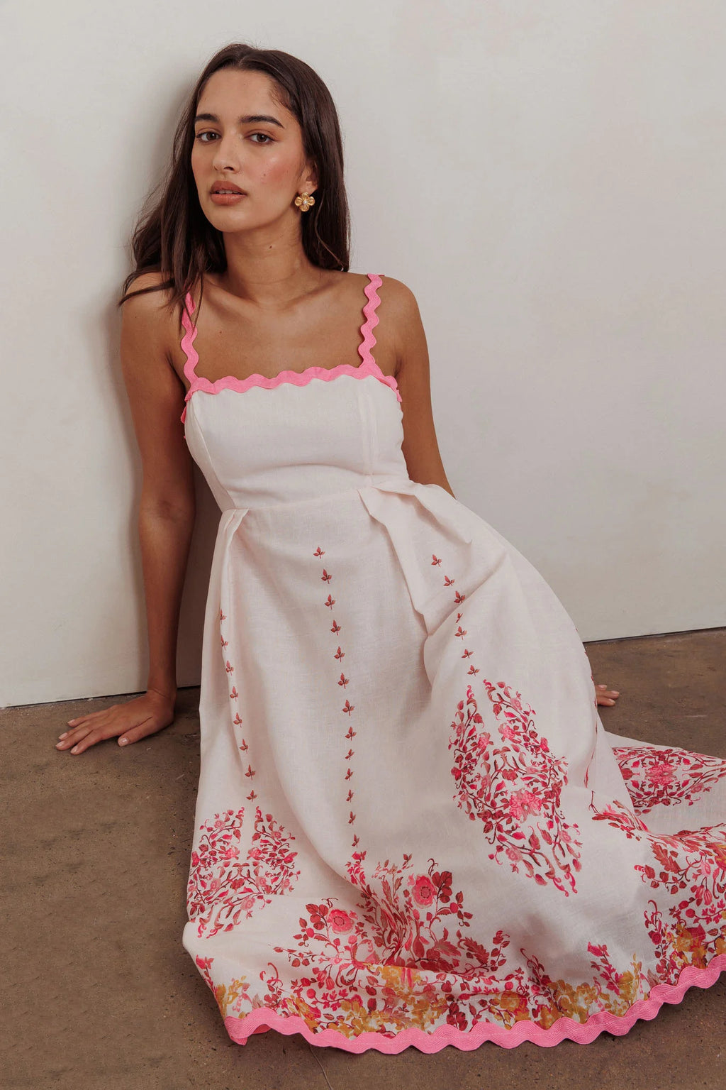Asami Floral Print Ric Rac Trim Midi Dress Blush