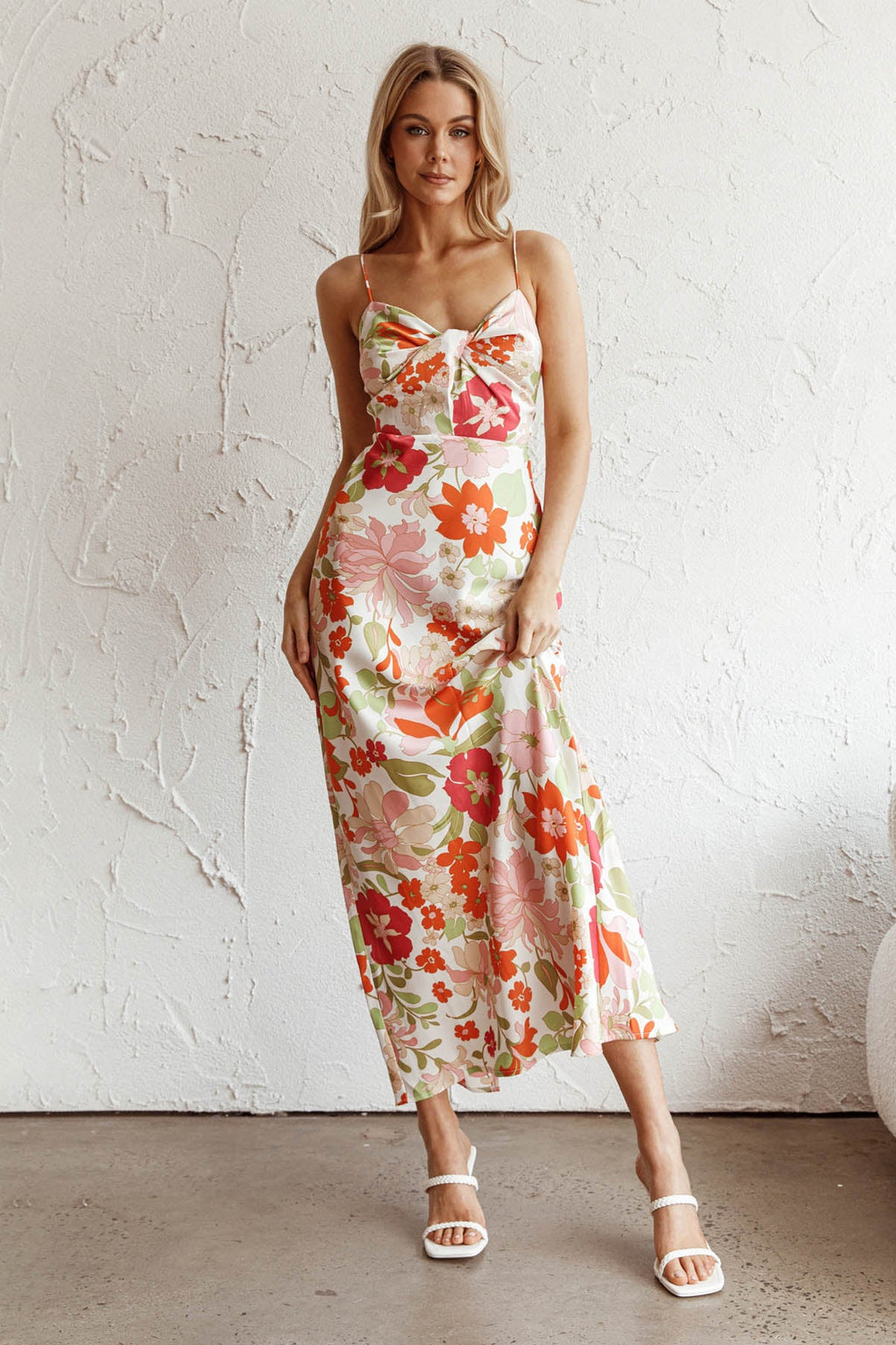 Sea Change Twist Bust Midi Dress Floral White