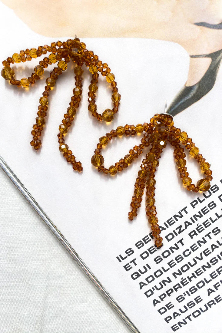Flora Beaded Bow Earrings Tan