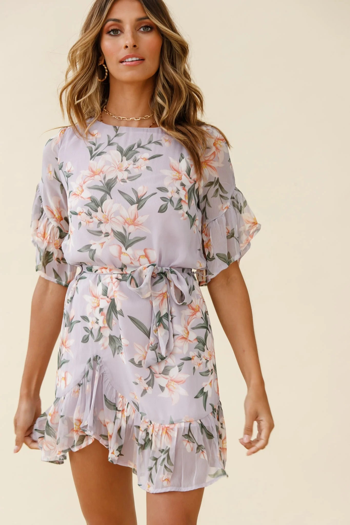 Azealia Ruffle Hem Dress Flower Print Purple