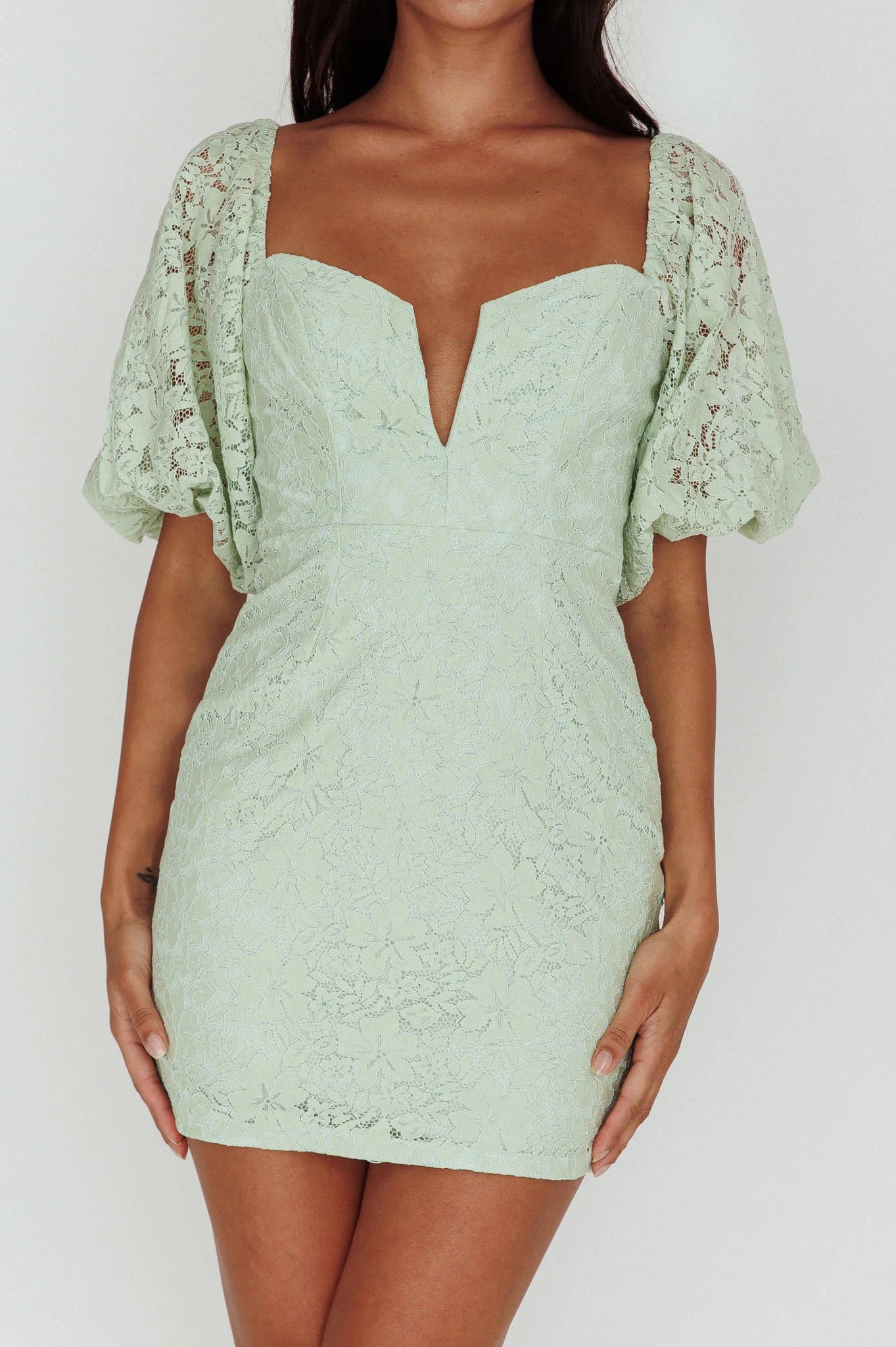 Good Vibes Puff Sleeve Deep V-Neckline Lace Mini Dress Sage