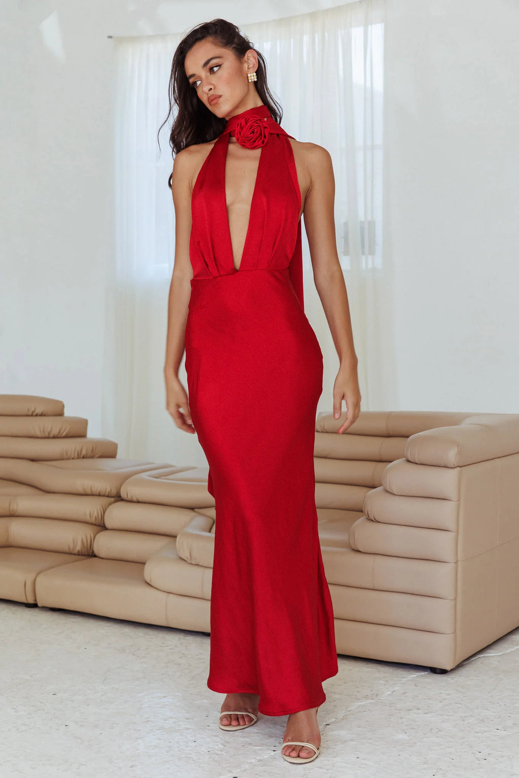 Italia Azure Halterneck Rose Dress Cherry