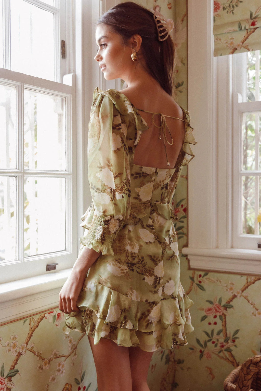 Desiree 3/4 Sleeve Sweetheart Neckline Frill Dress Floral Green