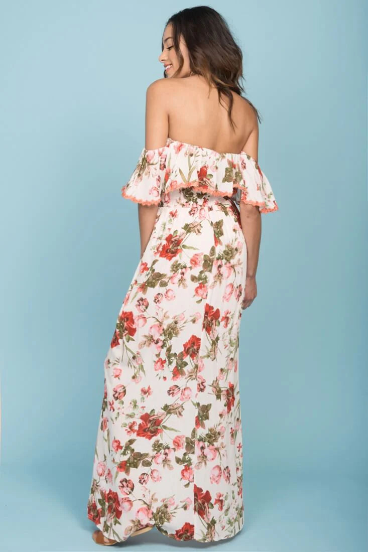 Tuscany Off The Shoulder Maxi Dress White & Red